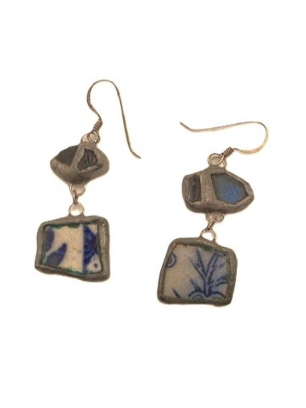 Unique vintage blue pottery sea glass and silver handcrafted earrings